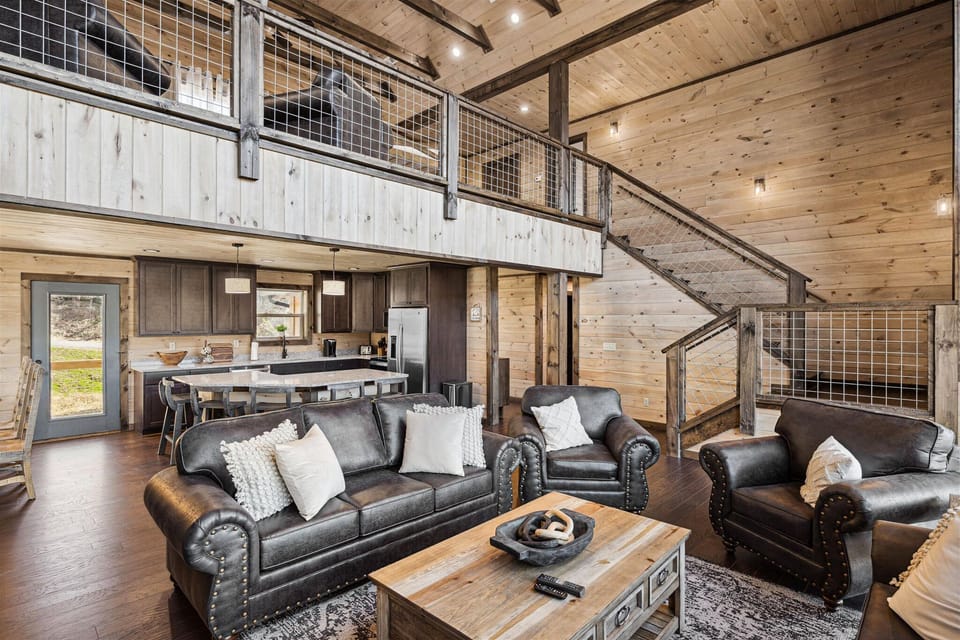 View of the coffee table and sofa set in the main living space.
