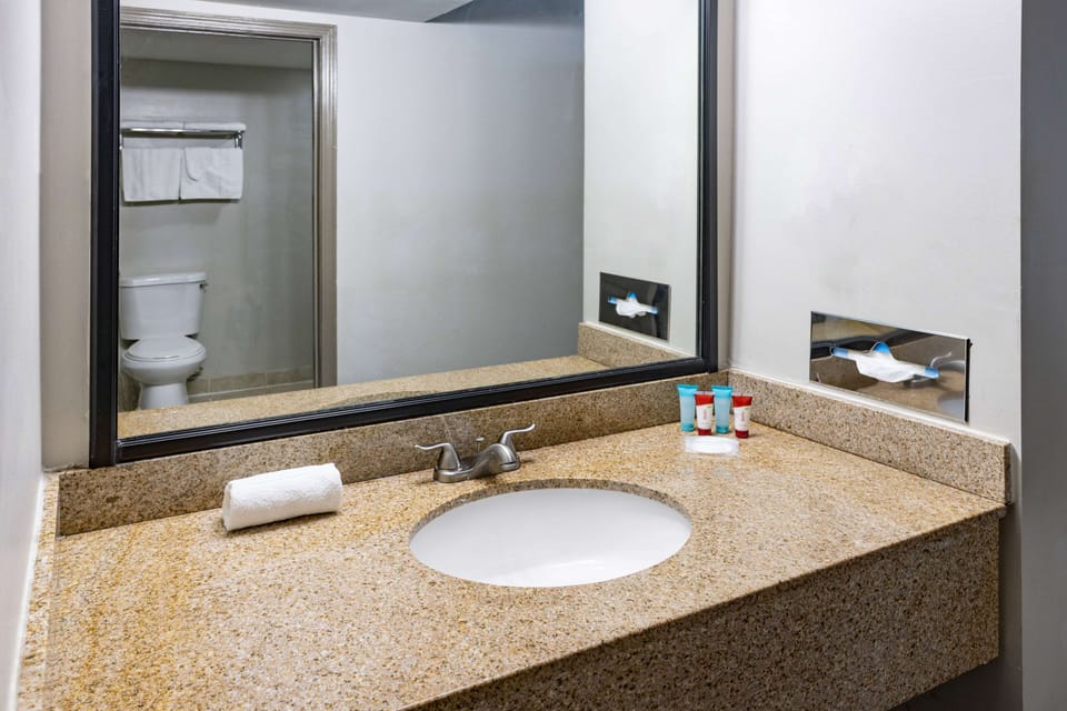 Combined shower/tub, free toiletries, hair dryer, towels