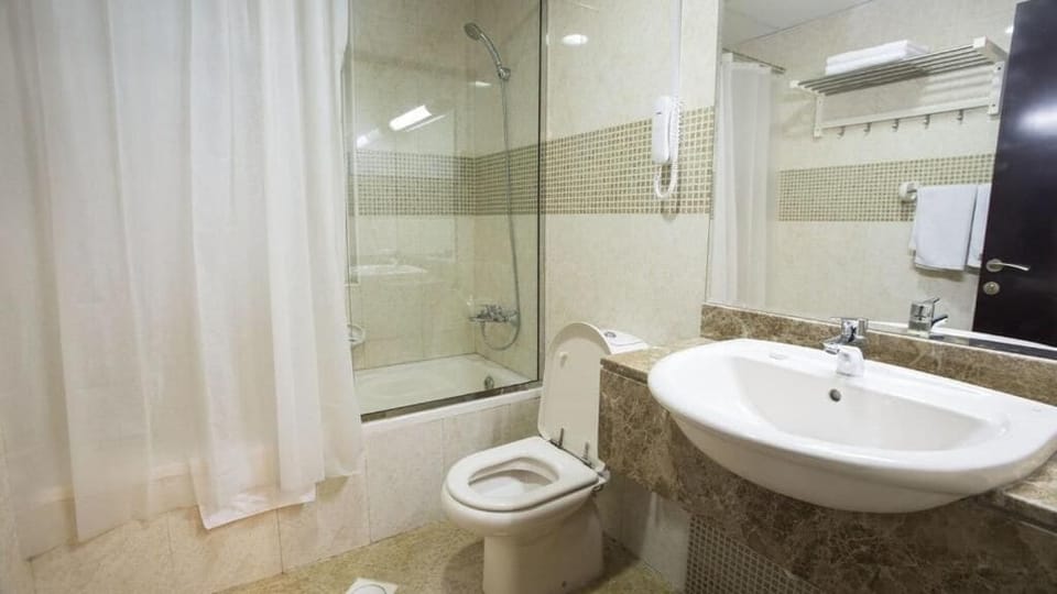 Combined shower/tub, towels, toilet paper