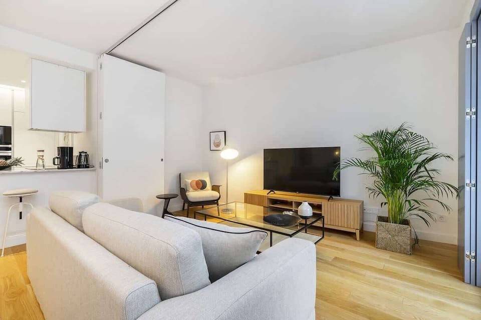 Spacious living room with a comfortable sofa, smart TV, and a design entertainment unit. A great natural light enhances the cozy, modern ambiance.