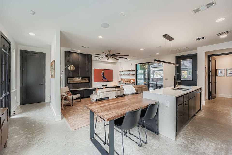 Open kitchen and dining layout.