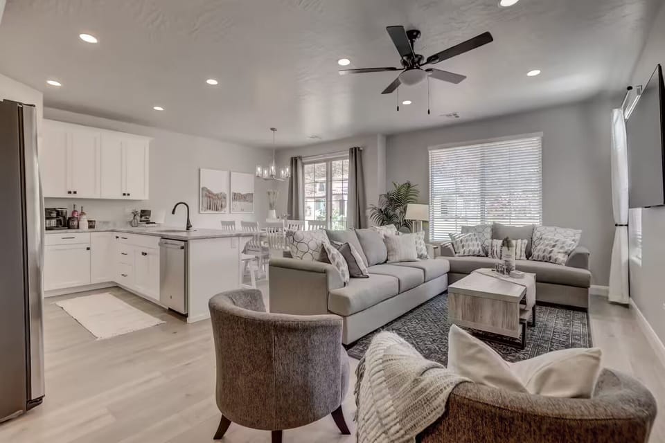 Open-concept living space featuring cozy seating and a Smart Roku TV for all your entertainment needs.