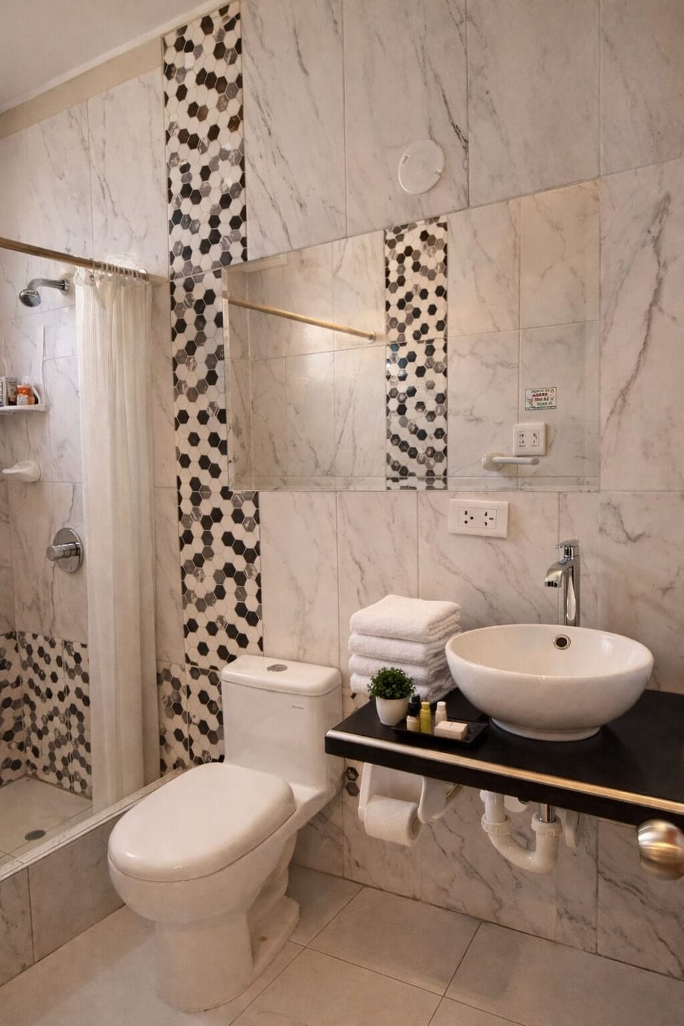 Shower, towels, soap, toilet paper