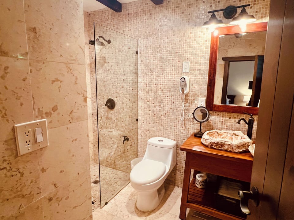 Modern suite bathroom with natural stone tile, walk-in shower, and vessel sink