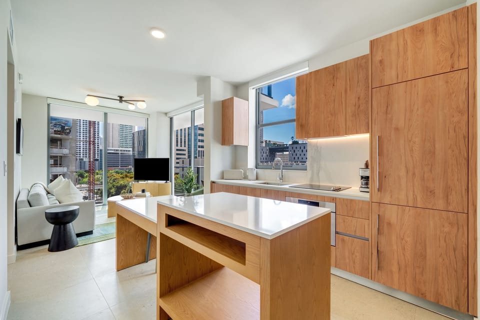 Spacious kitchen with large island and seating.