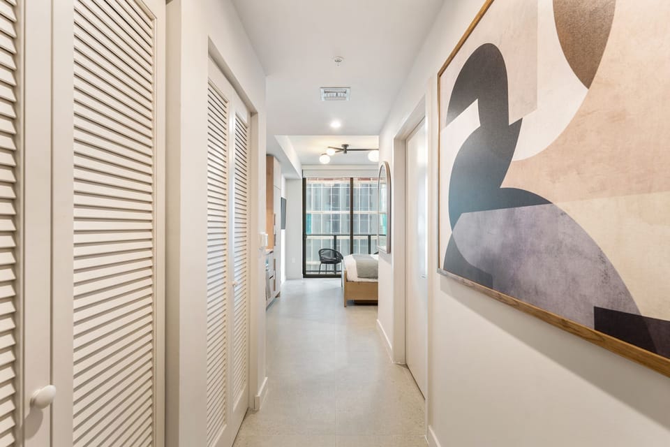 Bright hallway with modern artwork