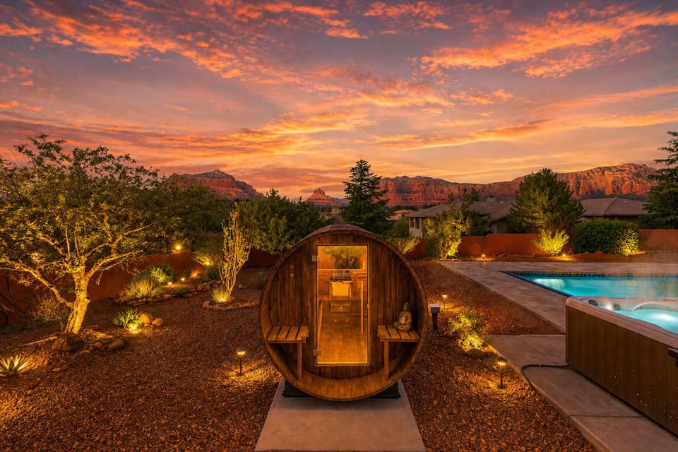 Sunset sauna sessions, glowing pool & spa with red rock views & stargazing