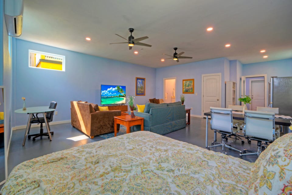 Apartment: Living space with plush seating, TV, and dining.