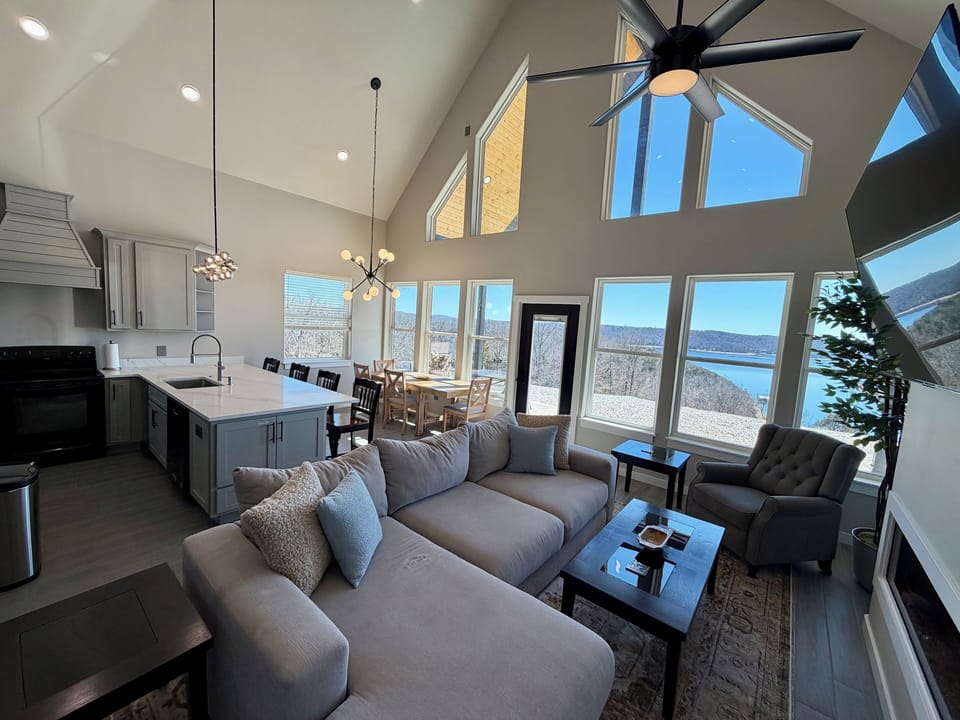 Open-concept living with direct lake views