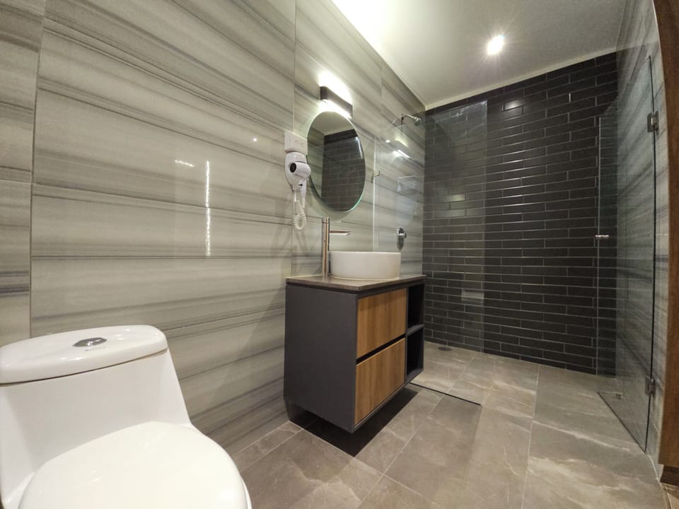 Shower, hair dryer, towels, soap