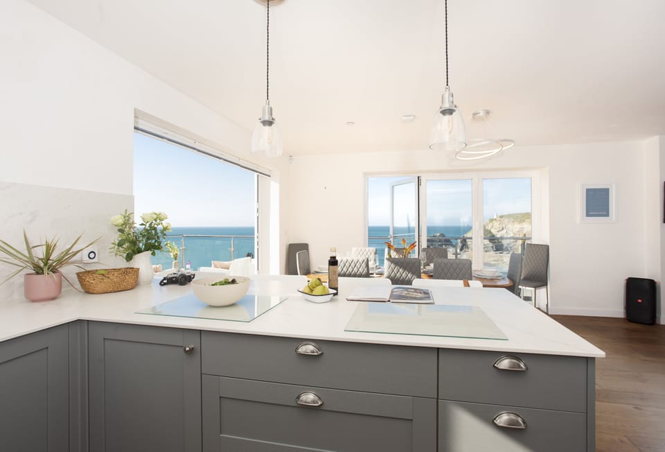 Seaside House, Portreath. The contemporary, well-equipped kitchen offers everything needed to prepare home-cooked meals