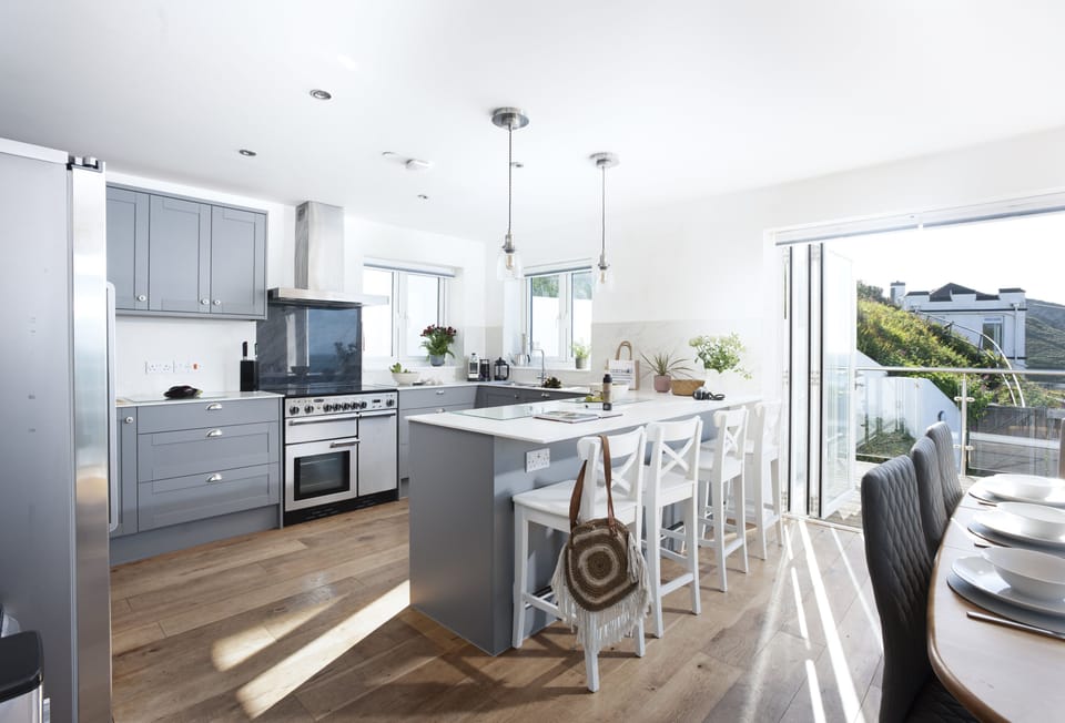 Seaside House, Portreath. The contemporary, well-equipped kitchen offers everything needed to prepare home-cooked meals