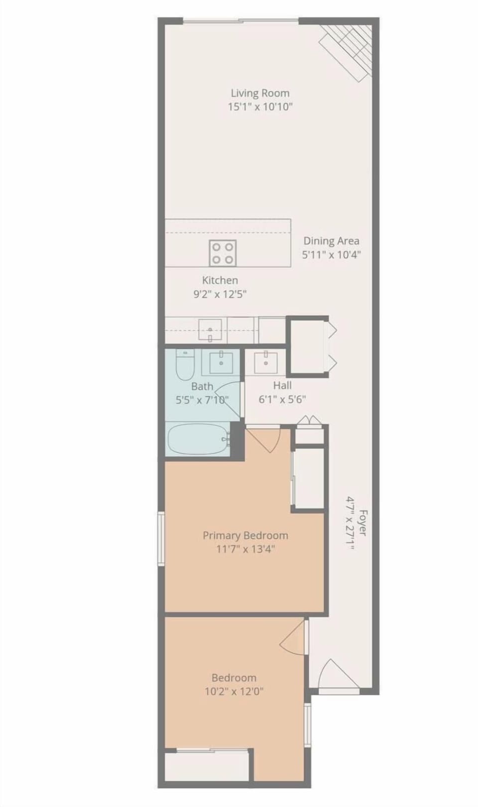 This floor plan shows your spacious layout with two bedrooms, full kitchen, and open living space.
