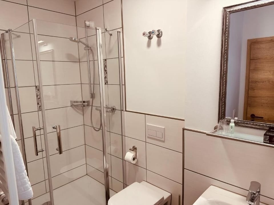 Shower, hair dryer, towels, toilet paper