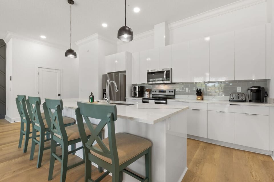Large, open kitchen with seating area