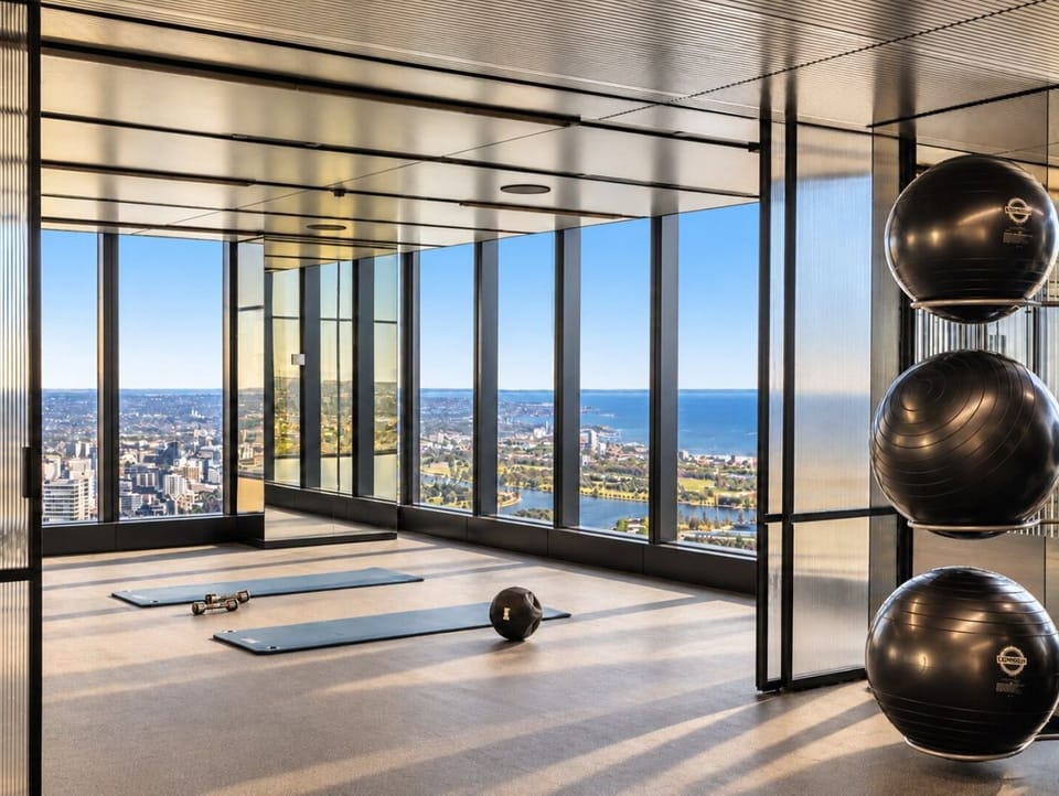 Train with a view at the Level 70 Sky Gym, with a full range of equipment and a yoga studio. Note: a Building Induction and Gym Induction are required to use these amenities.