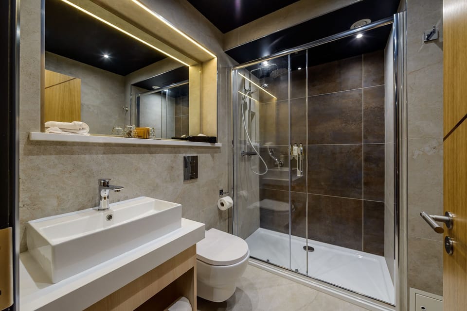 Hair dryer, towels, soap, shampoo