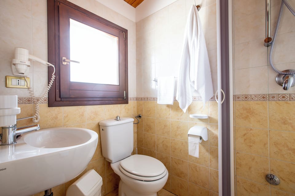 Shower, free toiletries, hair dryer, towels