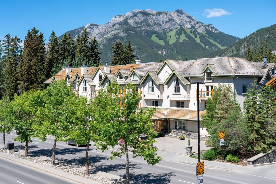 Summer on Banff Avenue — green trees line the street with hiking trails visible on the ridge