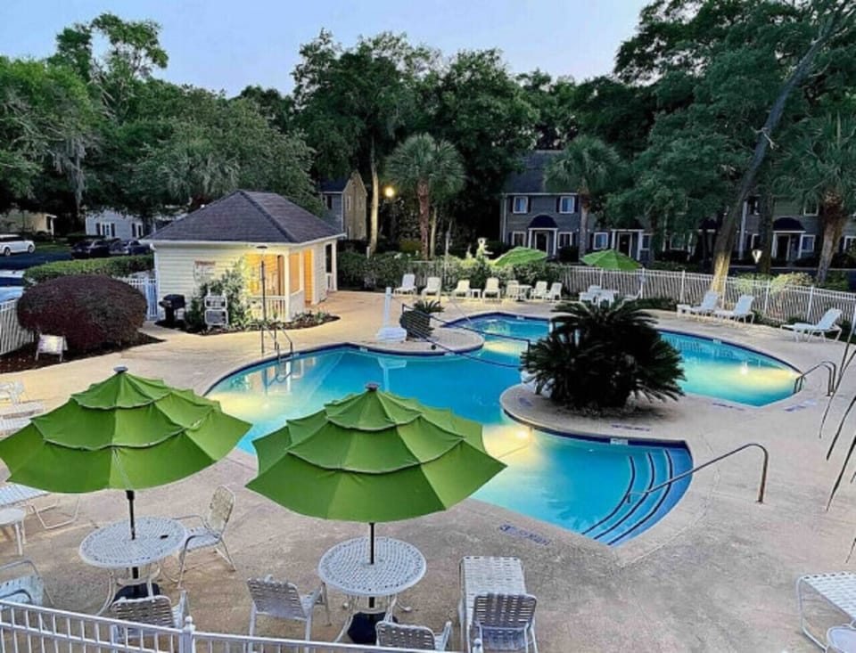 Heated pool near A building