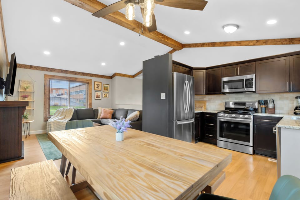 Dining space for 8 with extra space to spread out into living room if necessary.