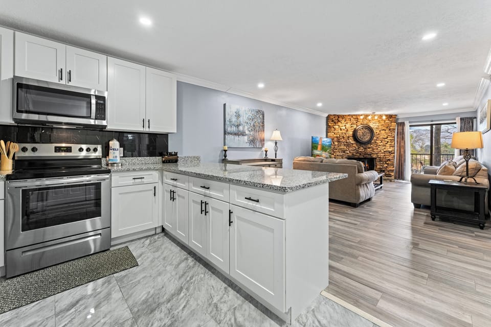 nice kitchen and great living room with comforable fuirniture