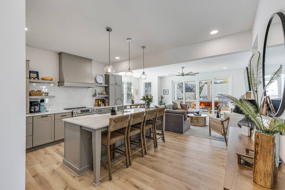 Open kitchen connected to the living room for comfortable shared space.