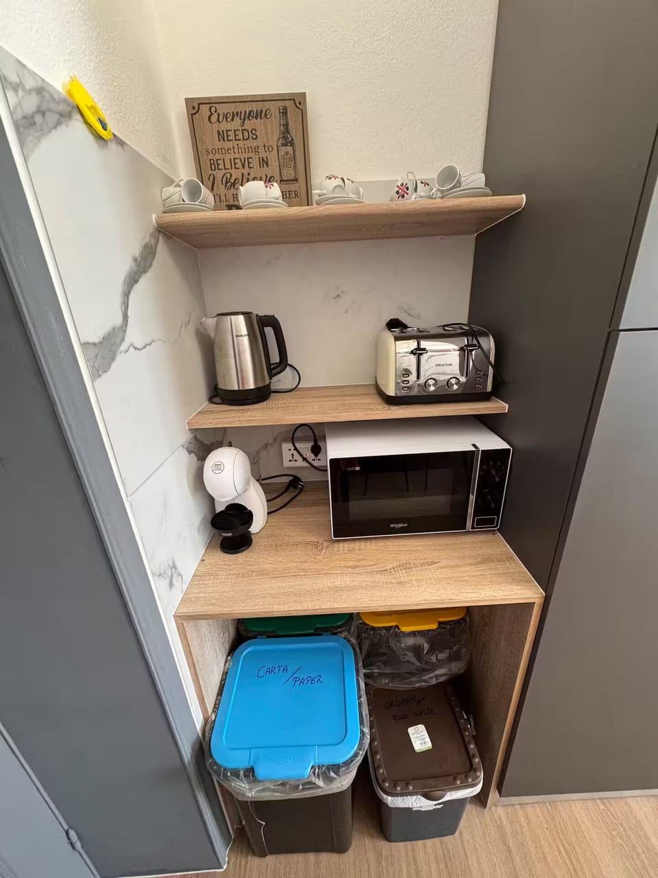 Microwave, Coffee Machine, Toaster, Kettle.