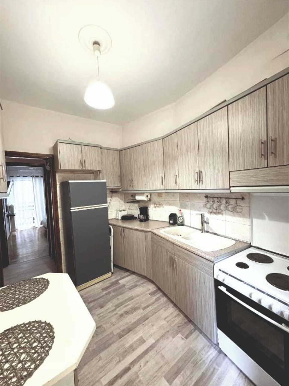 Fridge, oven, electric kettle, toaster