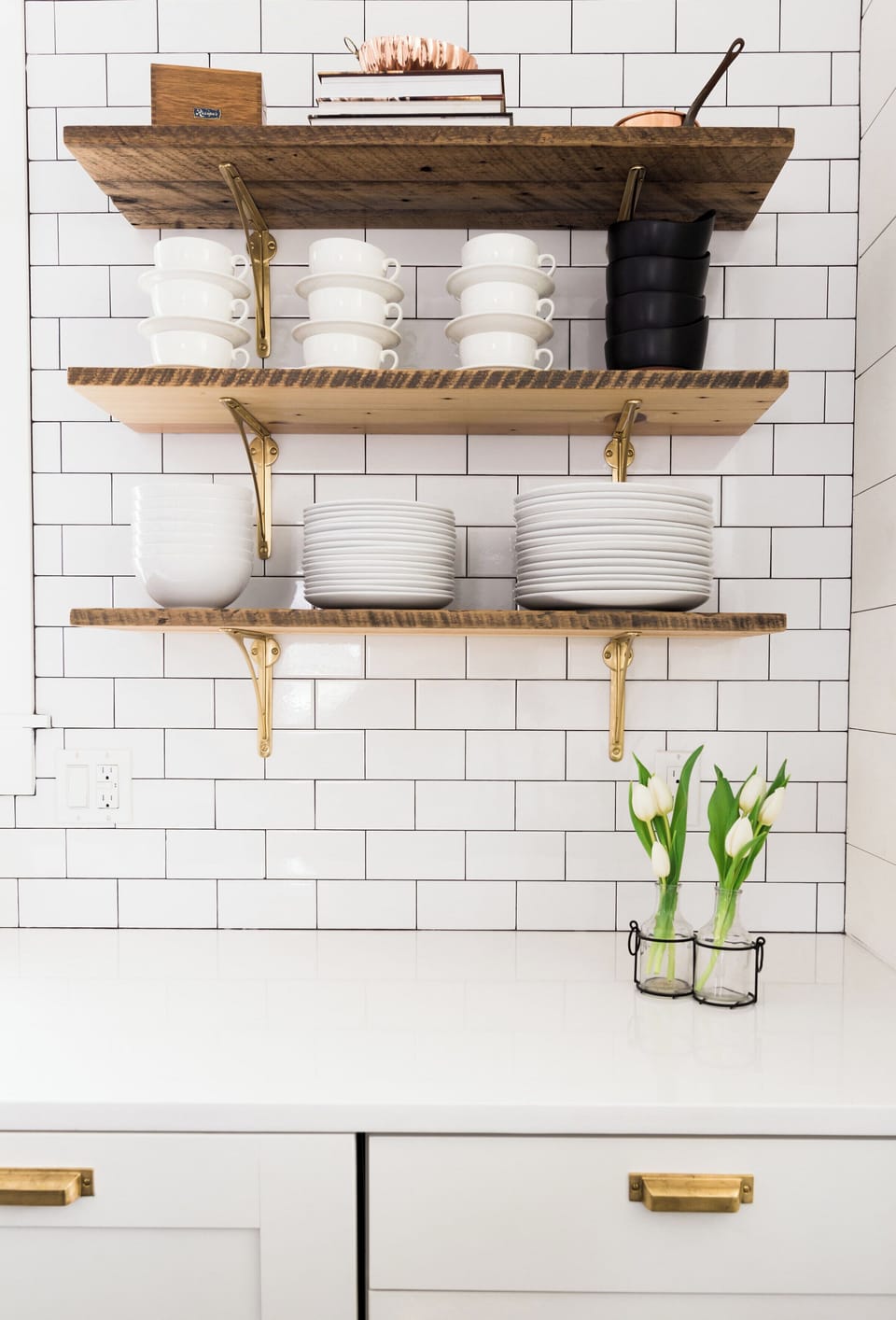 Charming open shelving in the farmhouse kitchen