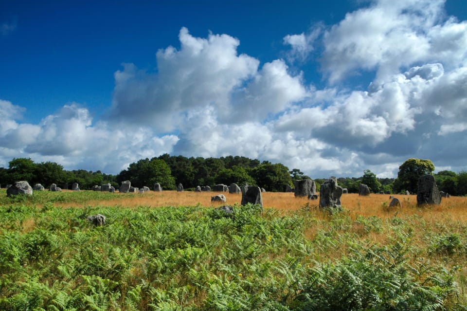 Ancient standing stones rise from lush greenery, reflecting the mystical heritage of southern Brittany near Camping du Menhir.