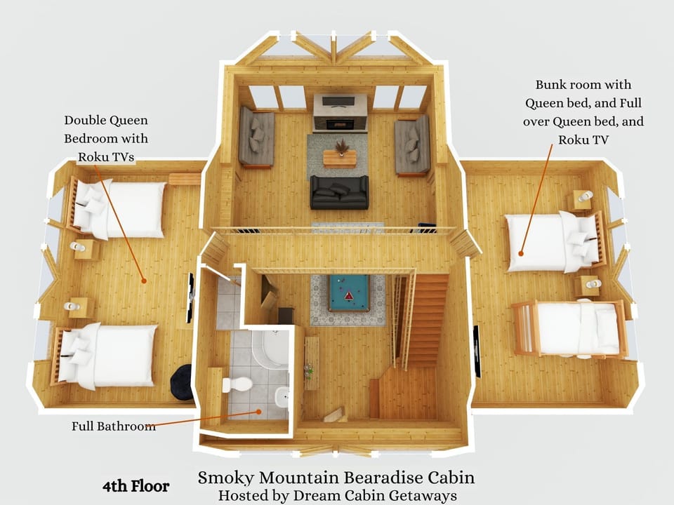 Top floor with double queen room, and queen with twin over full bunk, shared bathroom.