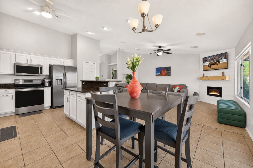 Enjoy a meal or snack in the dining area overlooking the living room.