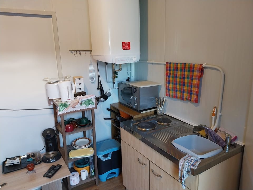 Mini-fridge, microwave, stovetop, cookware/dishes/utensils