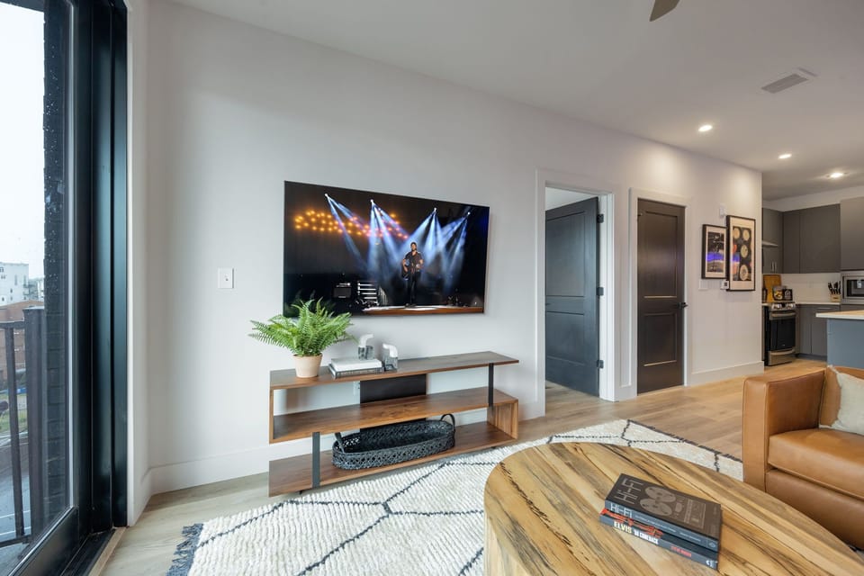 Wall-mounted flat-screen TV and stylish media console with decorative greenery.