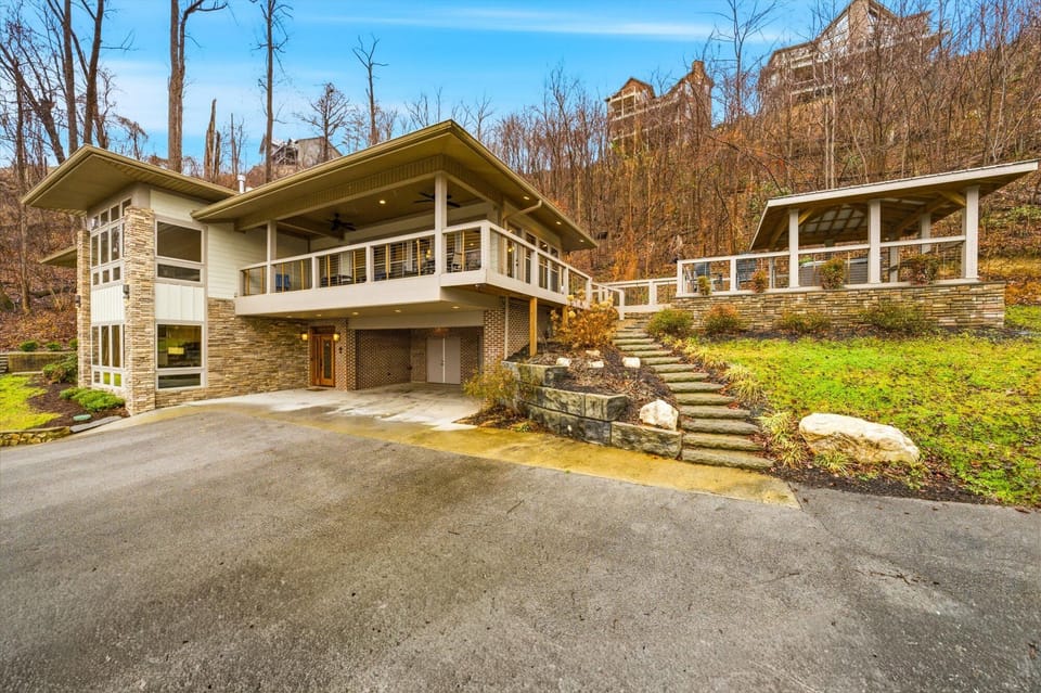 View going up the steps to the back deck and Hot Tub area