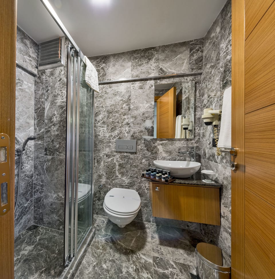 Shower, free toiletries, hair dryer, slippers