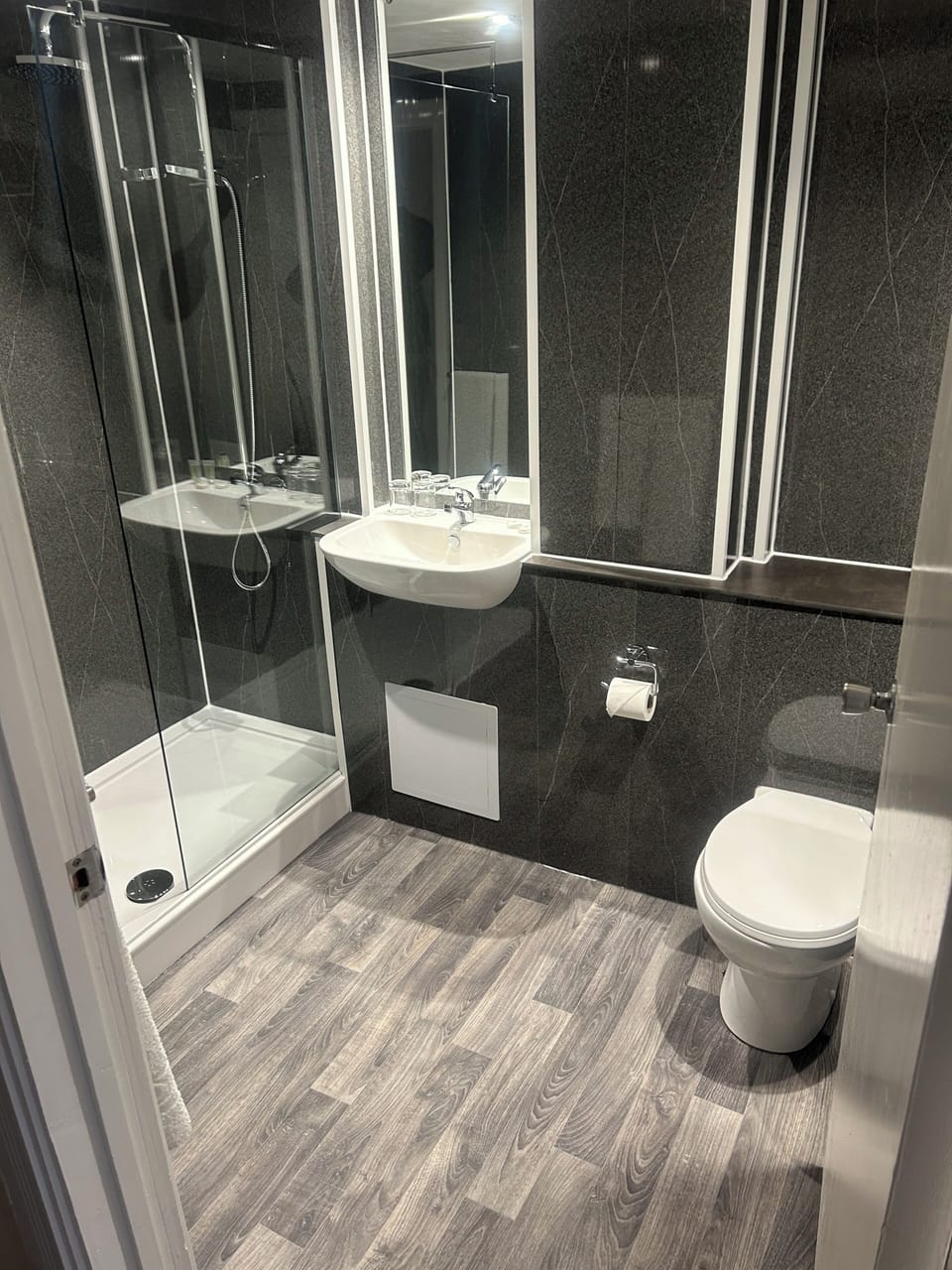Combined shower/tub, hair dryer, towels