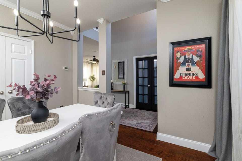 Elegant formal dining room with plush velvet seating