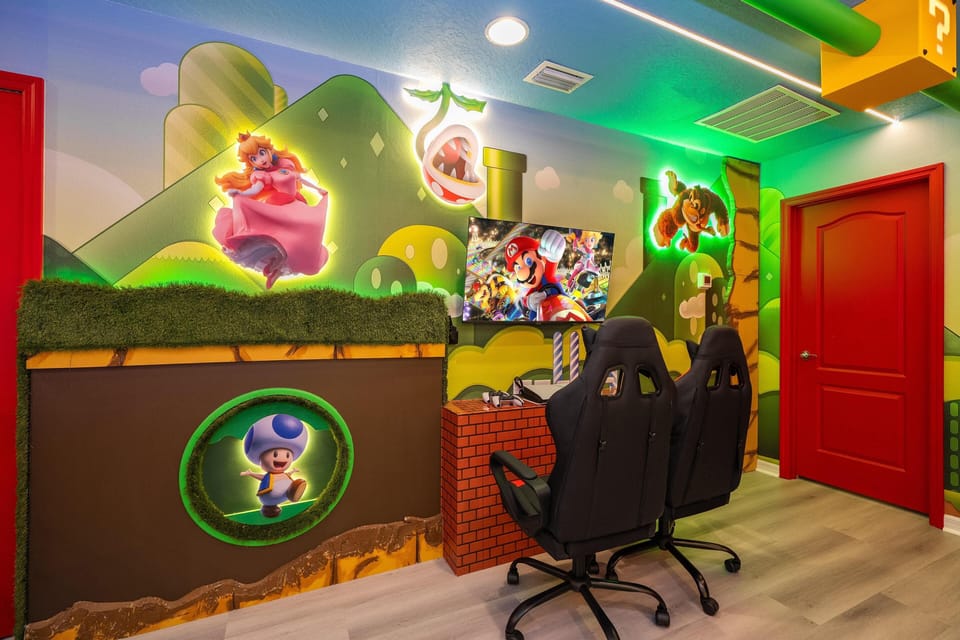 Vibrant gaming room with immersive themed decor and dual monitors
