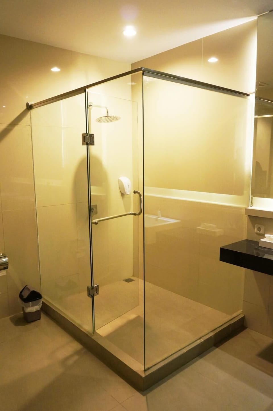 Shower, free toiletries, slippers, towels