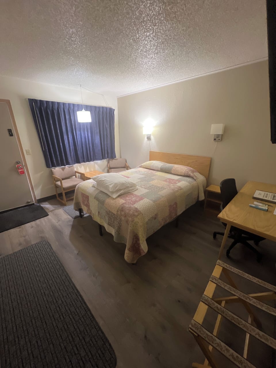 Premium bedding, desk, blackout drapes, iron/ironing board