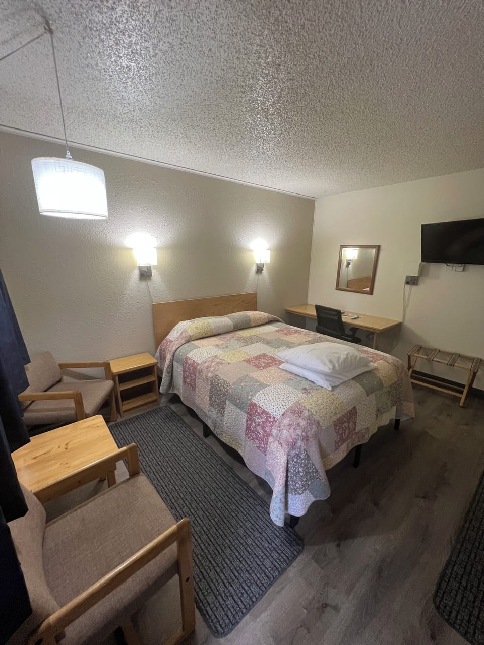 Premium bedding, desk, blackout drapes, iron/ironing board