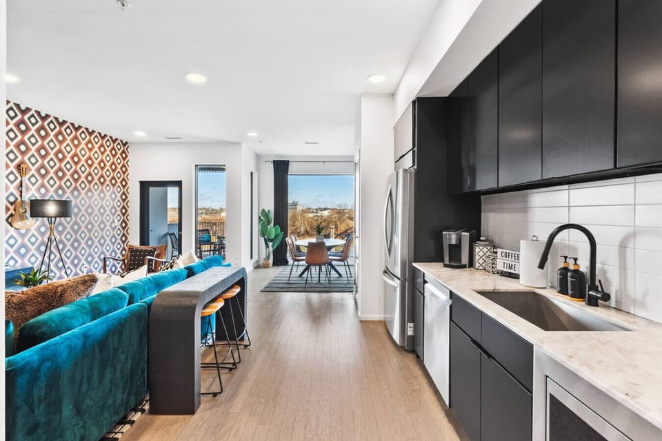 Fully equipped, modern-appliance kitchen for all of your cooking needs! Keurig machine + K-cups provided. Seating for 2 at the high-top table, and seating for 6 at the dining table.