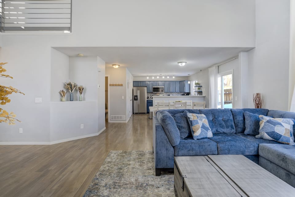 The open layout flows seamlessly into the dining area and kitchen.