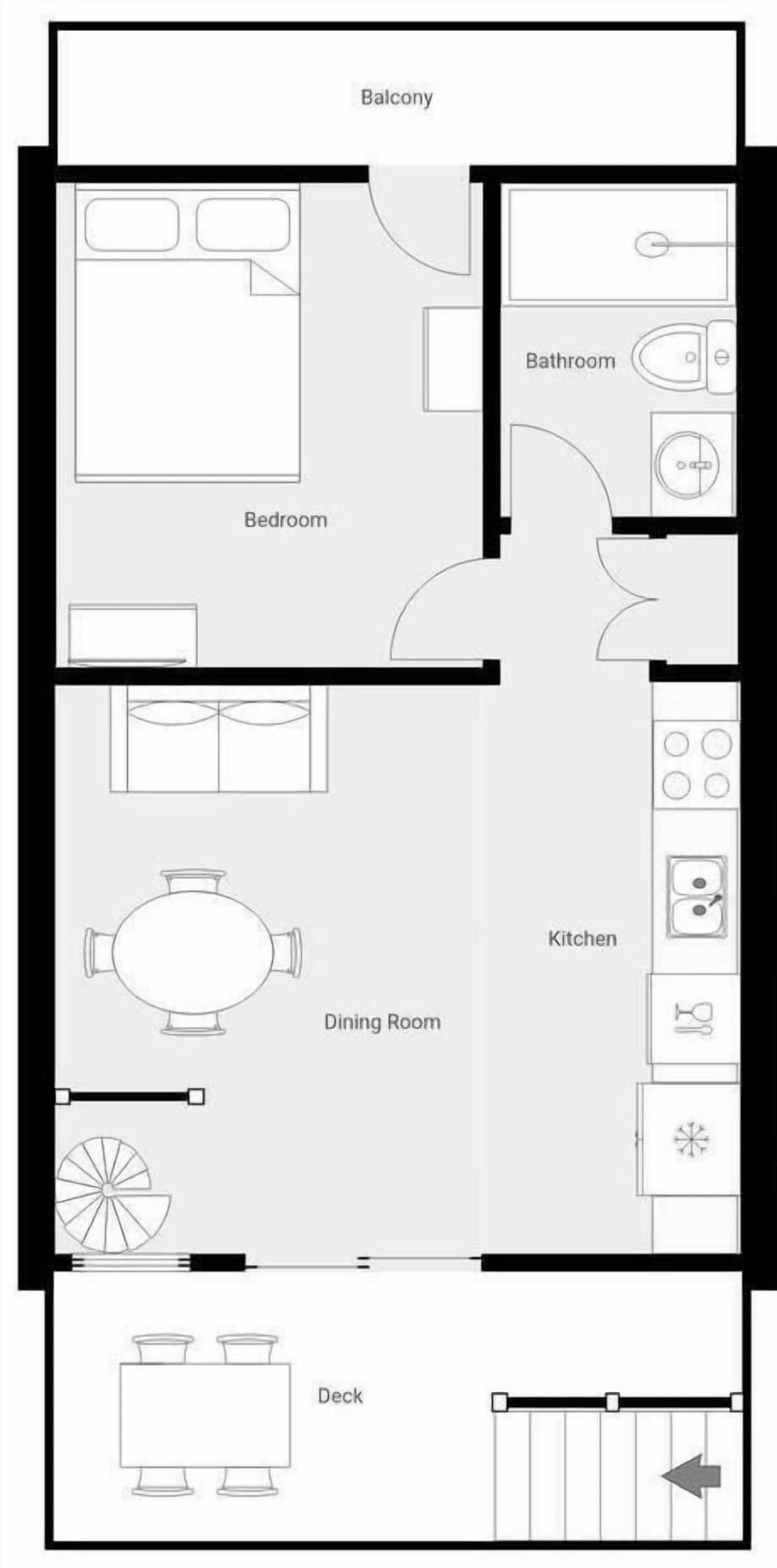 This detailed floor plan shows your spacious layout with bedroom, full kitchen, dining area, bathroom, and private balcony—perfect for planning your stay.