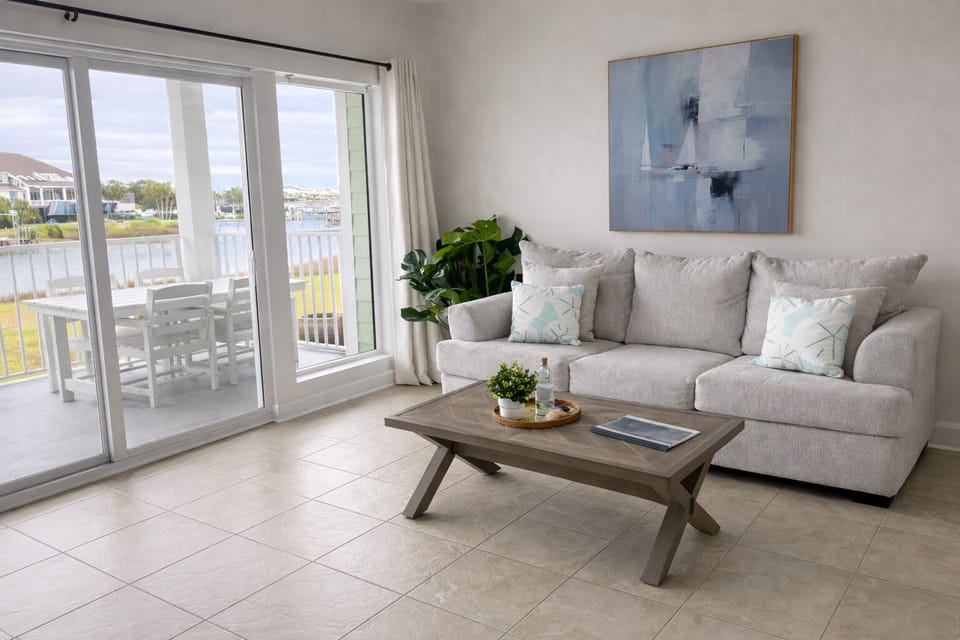 Bright living room with Smart Roku TV and comfortable seating.