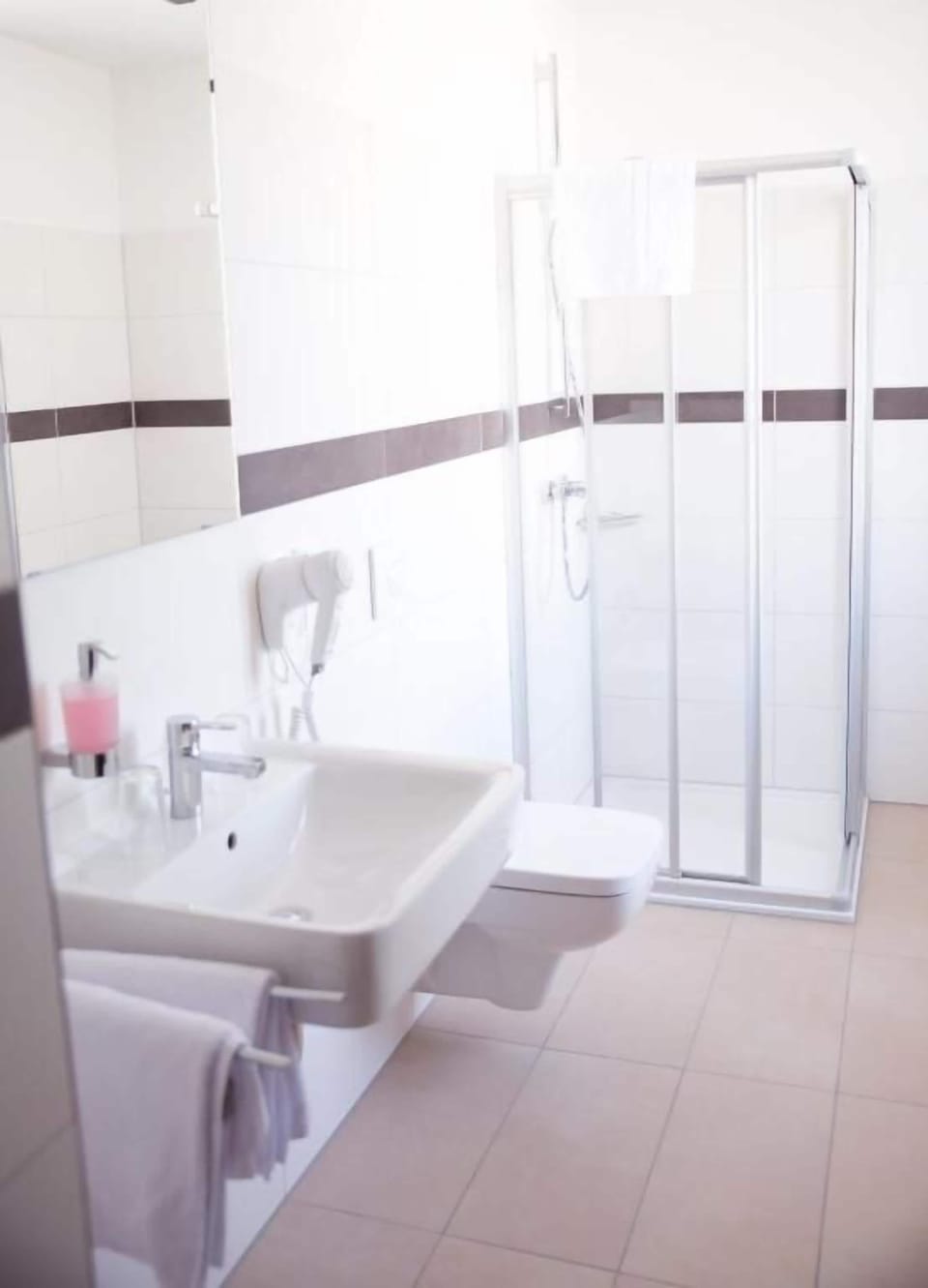 Hair dryer, towels, soap, shampoo