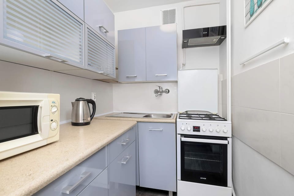 Compact kitchen with light cabinets, microwave, kettle, and stove arranged along one wall.