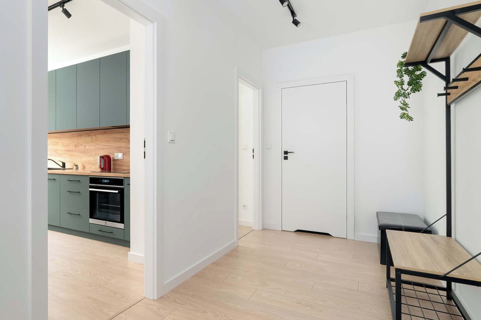 Modern open kitchen leading into the living room